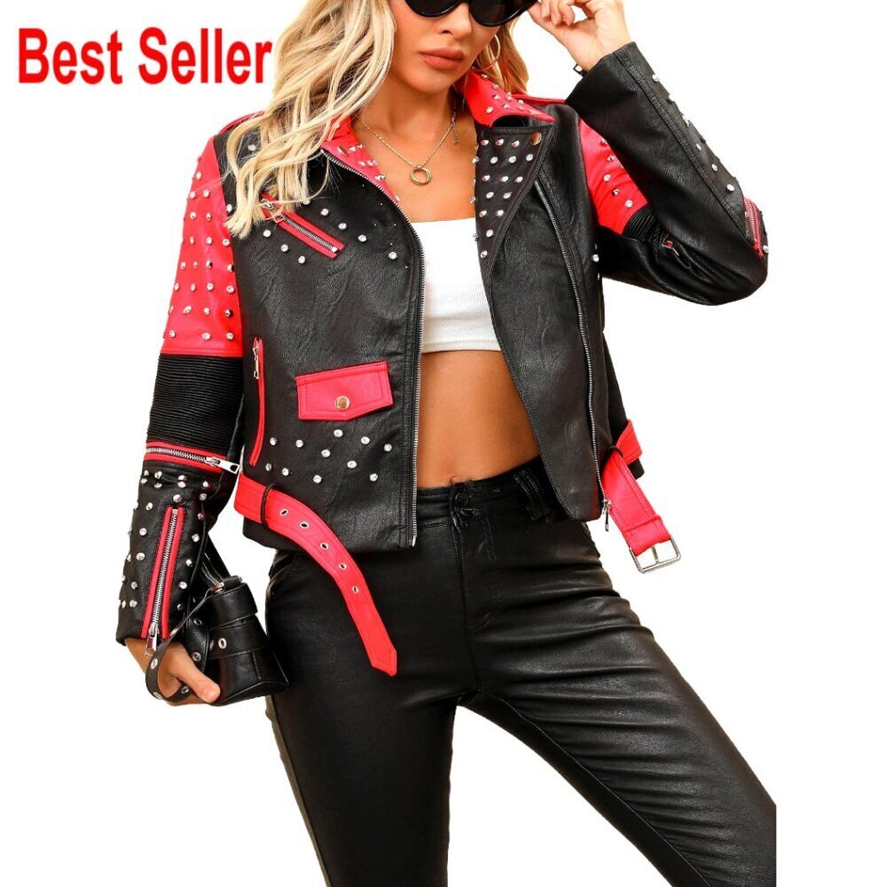 Faux Leather Motorcycle Jacket with Stud Details and Belt